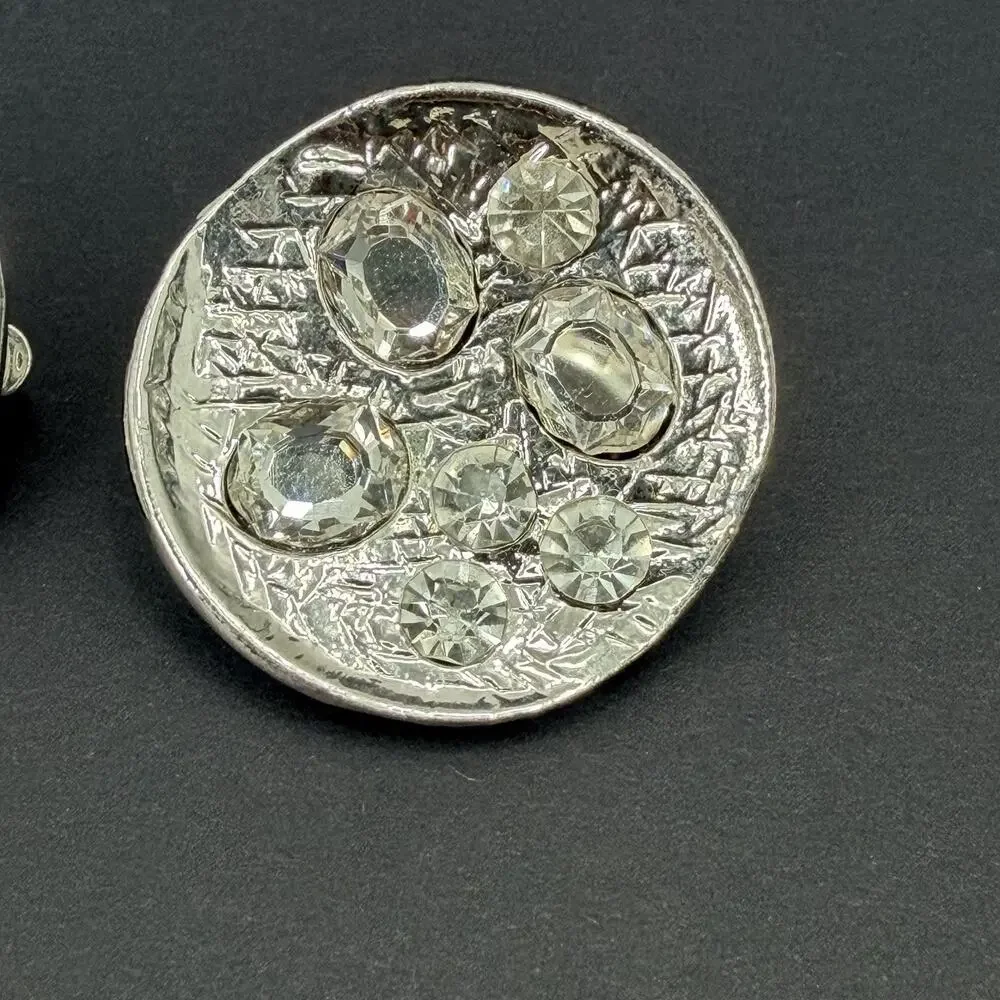 Vintage Round Crystal Gem Silver Tone Clip On Earrings 1.25